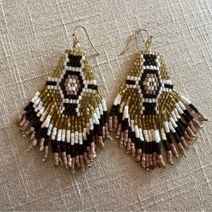 Miyuki Seed Bead Fringe Dangling Earrings White Black Gold